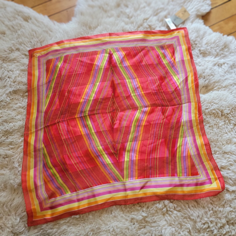 Deadstock Vintage Oscar de la Renta Red Retro Stripe Silk Scarf Head Wrap NWT - Picture 7 of 9
